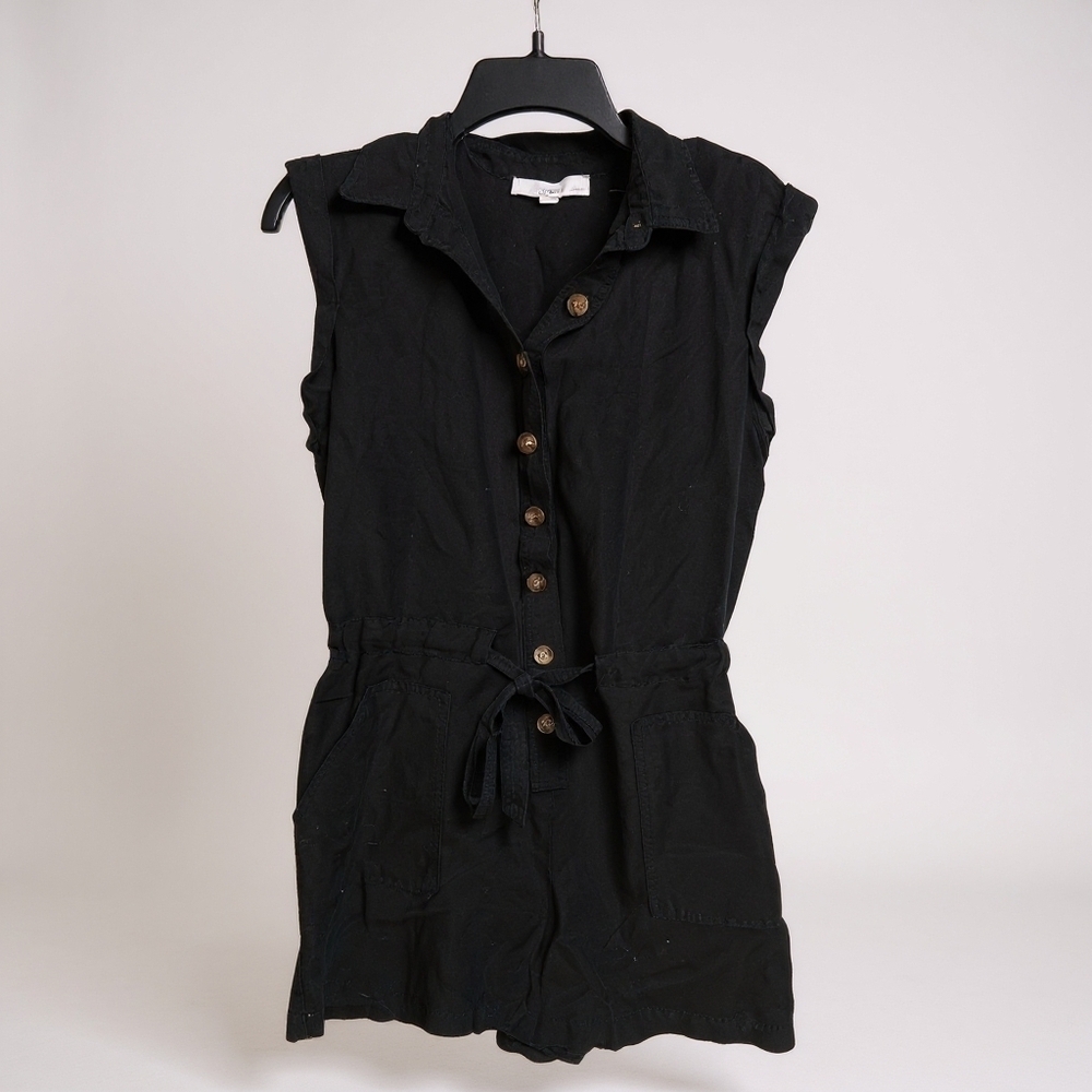 Ann Taylor Loft Black Button-Up Linen Romper Large Petite LP